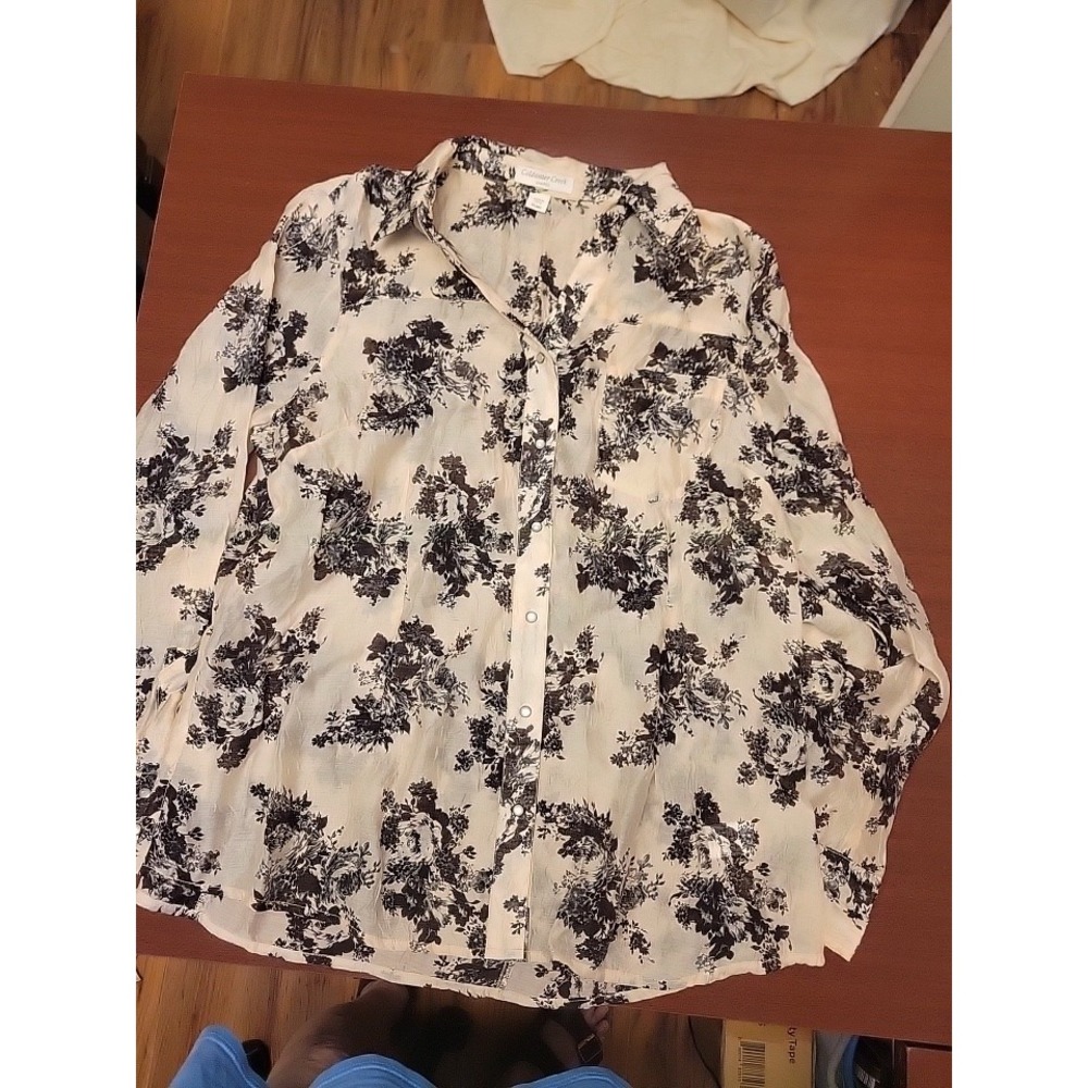 Coldwater Creek Shaped Snap Button Front Blouse Cream Black Size XL